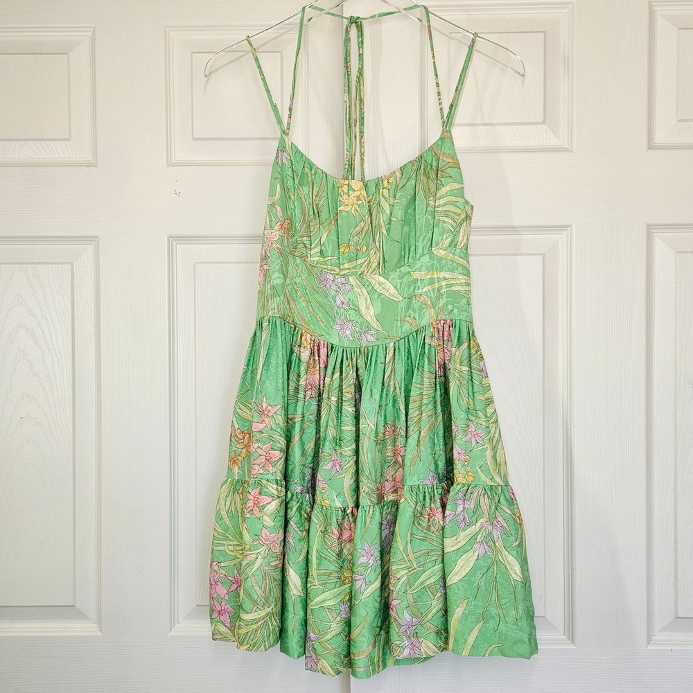 Delfi Collective Jacky Mini Dress Green‎ Tropical Floral Metallic Jacquard S NEW - Picture 4 of 10